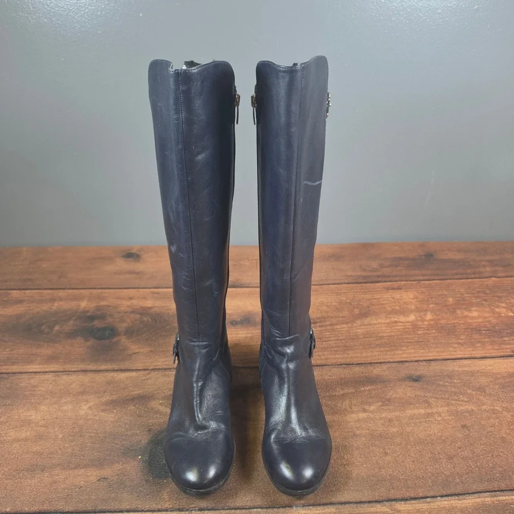 Marc Fisher Riding Boots Women 7W Navy Blue Good Leather Suede Wide Calf A281483